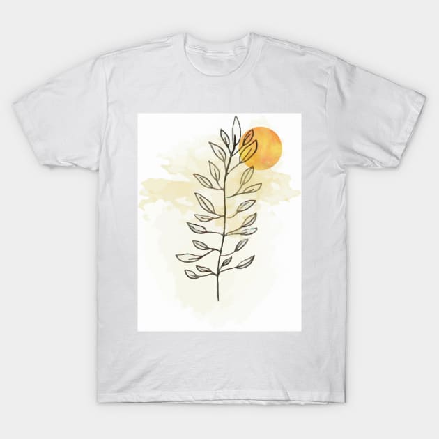 Sun and leaves, modern minimal line drawing botanical line art mid-century modern, minimal home decor, mid century plant art print T-Shirt by Modern Art